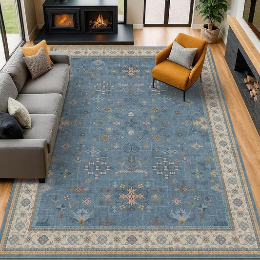 Blue Big Rugs for Living Room - Dusty Blue 10x12 Area Rug for Large Bedroom, Dining Room, Washable Lightweight Foldable Floral Modern Home Décor