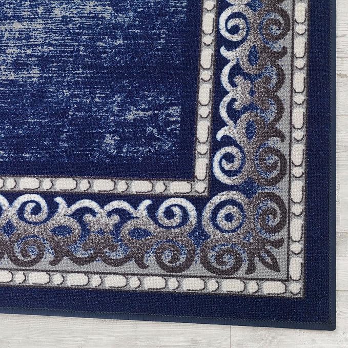 Antep Rugs Alfombras Bordered Modern 3x5 Non-Slip (Non-Skid) Low Pile Rubber Backing Indoor Area Rug (Navy, 3' x 5')