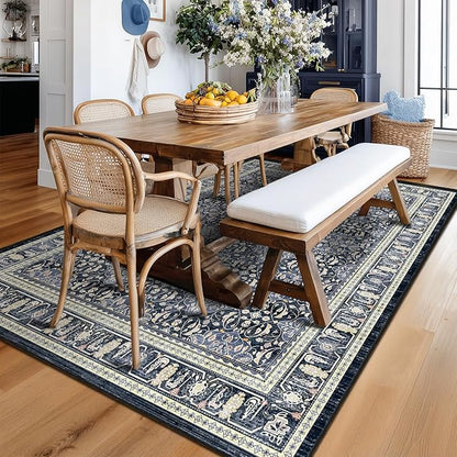 Living Room Rugs 6x8, Transitional Moroccan Floral Trellis Area Rugs for Bedroom Dining Room, Washable Non Slip Low Pile Thin Carpet Rug for Playroom Guest Room Home Office, Dark Blue