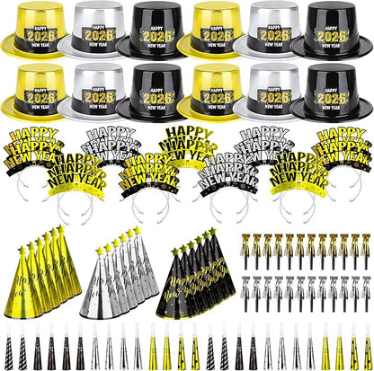 96PCS Party Supplies - New Years Headbands, Hats & Noisemakers for 48 People - Plastic Party Favors, Cone Hats, Horns