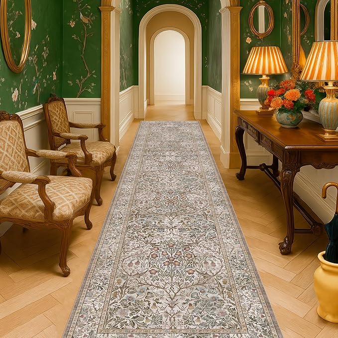 Non Slip 2x10 Moss Green Hallway Runner - 10ft Long Runner Rugs, Washable Kitchen Floor Mat - Vintage Brown Taupe Neutral Floral Design Décor