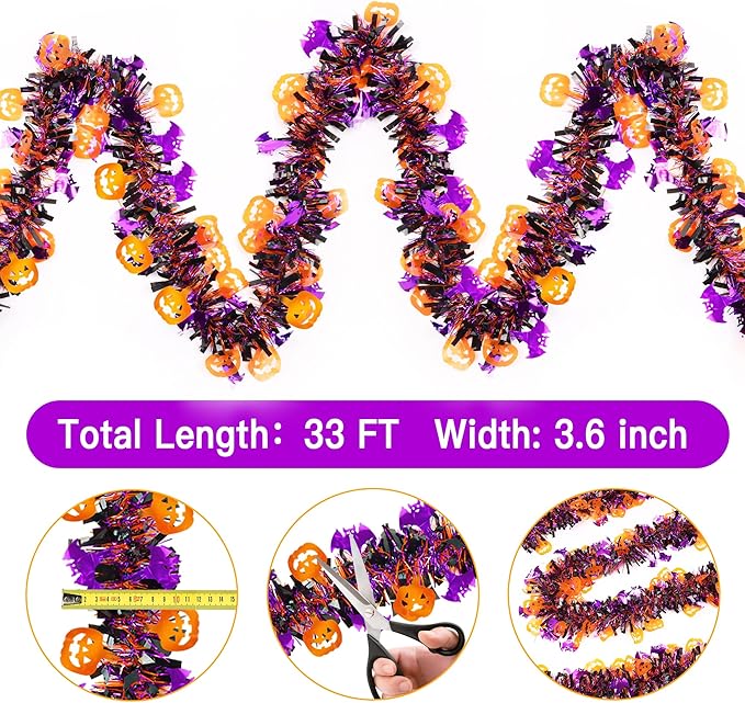 33FT Halloween Tinsel Garland with Orange Pumpkin Purple Bat Ornament, Shiny Metallic Twist Garland Outdoor Indoor Halloween Decorations for Home Table Office Classroom Fireplace Party Decor