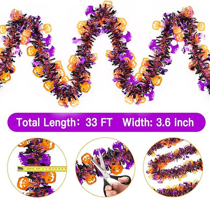 33FT Halloween Tinsel Garland with Orange Pumpkin Purple Bat Ornament, Shiny Metallic Twist Garland Outdoor Indoor Halloween Decorations for Home Table Office Classroom Fireplace Party Decor