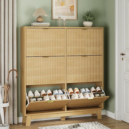 Shoe Cabinet with 6 Flip Drawers, 54" Tall Narrow Fluted Shoe Storage Organizer for Entryway, Hidden Slim Wooden Shoe Rack Cabinet for Front Door Entrance, Hallway, Living Room, Natural Oak