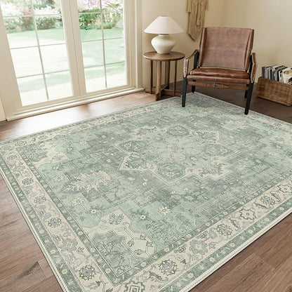 GENIMO 8x10 Area Rugs for Living Room, Machine Washable Non Slip Vintage Rugs, Low Pile Lightweight Chenille Print Rug for Bedroom, Dining Room, Home Office, Light Green