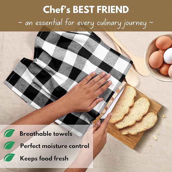 Native Fab 4-Pack Kitchen Towel with Hanging Loop 16x26 inches, Cotton Buffalo Check Kitchen Towels for Cleaning Drying, Washcloths Soft & Absorbent Cloth Rags, Bar Towel, Dish Cloth, Black