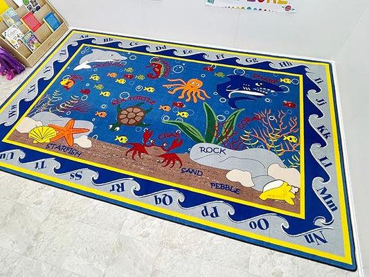 Fish in The Sea Educational Rug 7'6" x 12' Rectangle, Alphabet Nursery Area Rug for Kids | Learning Rug for Children's Classroom | Kids Playroom Rug | School Carpet for Kids
