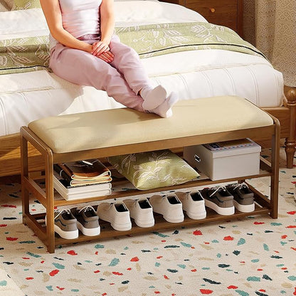 2-Tier Bamboo Shoe Bench with Cushion and Hidden Drawer, Entryway Shoe Rack Organizer with Storage for Hallway, Bedroom, Front Door, Mudroom Seating Bench, Walnut