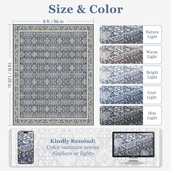 Dark Blue 8x10 Area Rugs for Living Room, Transitional Classic Boho Floral Moroccan Trellis Printed Carpet Rug for Bedroom Dining Room, Low Pile Thin Washable Non Slip Room Rug for Office