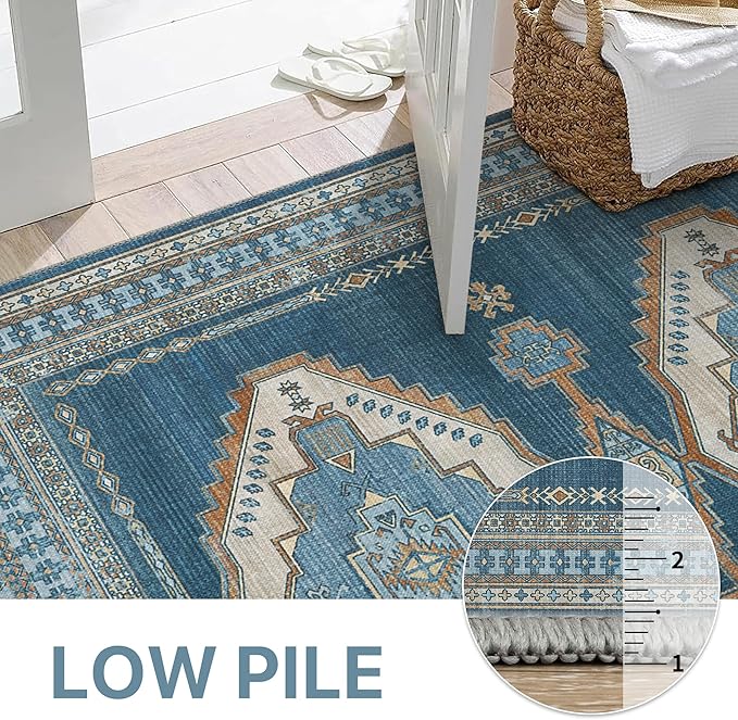 GENIMO 2x5 Washable Runner Rug for Hallway, Vintage Non Slip Low Pile Carpet, Soft Lightweight Printed Rug for Entryway, Kitchen, Corridor & Home Office, Navy/Brick