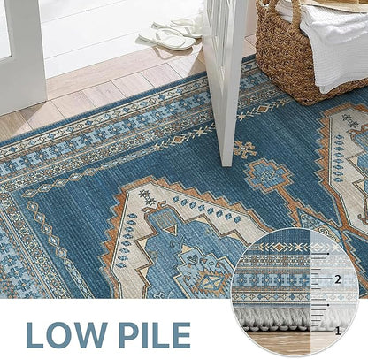 GENIMO 2x10 Washable Runner Rug for Hallway, Vintage Non Slip Low Pile Carpet, Soft Lightweight Printed Rug for Entryway, Kitchen, Corridor & Home Office, Navy/Brick