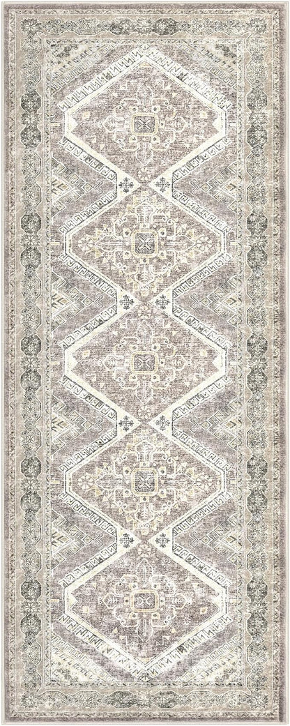 KUTA Oriental Washable Runner Rug, 2x6 Non-Slip Vintage Ivory Grey Yellow Brown Hallway Kitchen Runners Ultra Soft Printed Distressed Tribal Floor Carpet Rugs for Laundry Bedroom Living Room