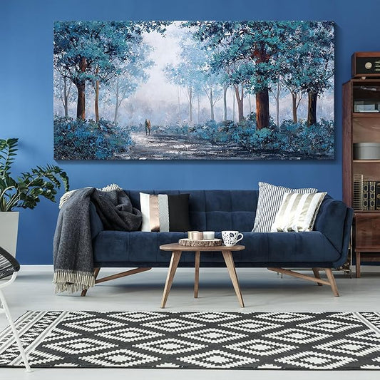 KLAKLA Navy Blue Wall Art - Large Wall Art - Multi-layered Paint Overlay Effect & Blue Leaves Plant Forest Picture Artwork Living Room Bedroom Wall Decor