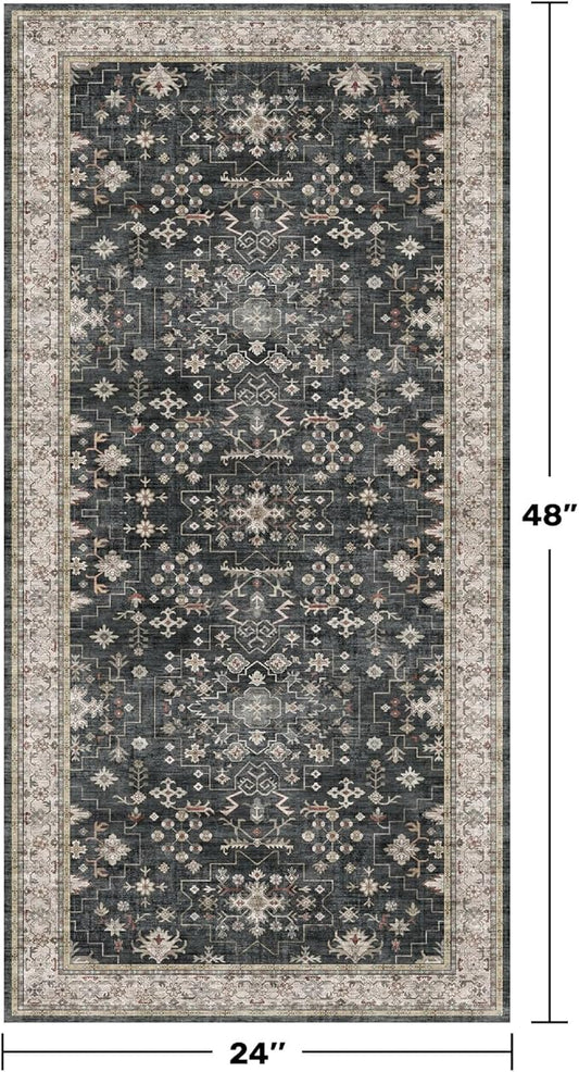 2x4 Entryway Runner Rugs, Small Runners for Kitchen, Door Mat Indoor Entrance, Bathroom, Non-Slip Low-Pile Washable Stain Resistant, Vintage Ashen Charcoal Floral Decor (Ashen/Multi)