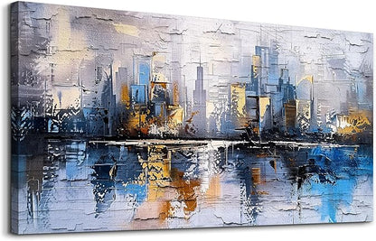 KELIYUAN Abstract City Oil Painting Large Home Decor Mural Living Room Bedroom Modern Printed Canvas Wall Art Yellow Blue Graffiti Mural Office Corridor Can Be Directly Hung Wall Decor 24 X 48 In
