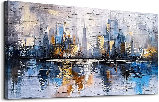 KELIYUAN Abstract City Oil Painting Large Home Decor Mural Living Room Bedroom Modern Printed Canvas Wall Art Yellow Blue Graffiti Mural Office Corridor Can Be Directly Hung Wall Decor 24 X 48 In