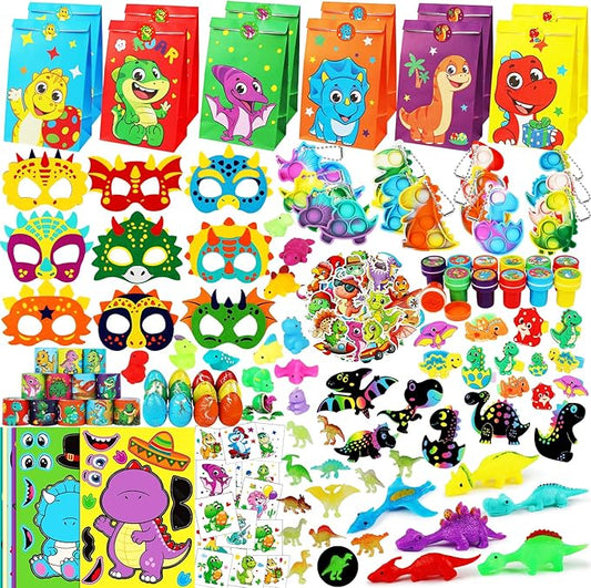 352PCS Dinosaur Party Favors, Dinosaur Birthday Party Decorations Supplies - Stickers Keychains Goodie Bags for Kids Birthday Return Gifts, Dino Slingshot Finger Fidget Toys Bulk