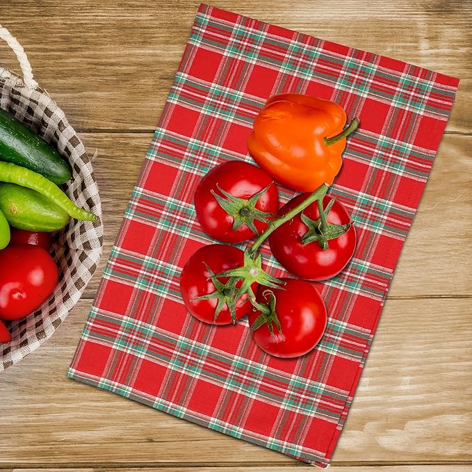 Christmas Kitchen Towels Set of 6, Soft Premium Cotton Highly Absorbent Towels 18x28 Inches, Washable & Reusable, Quick Drying Dish Cloths with Mitered Corner - Red/Green/White, Checks