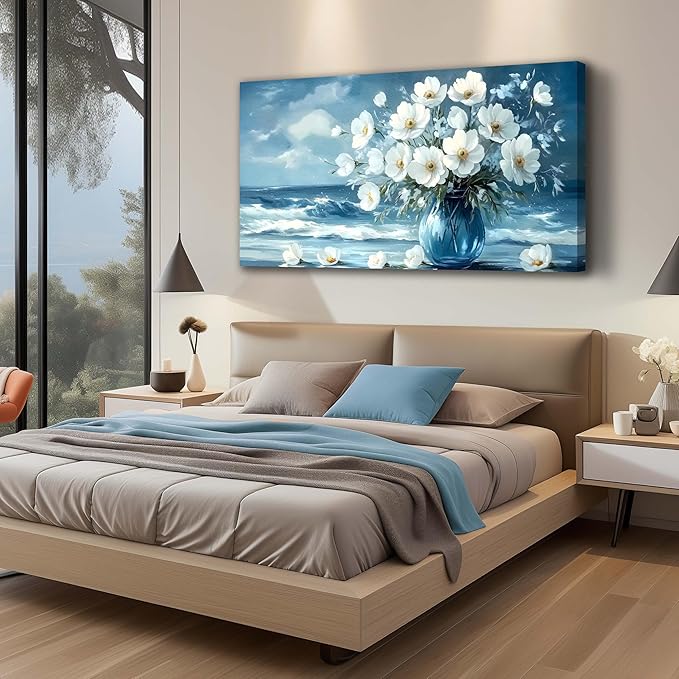 Flower Wall Art for Living Room, Ocean Canvas Wall-Decor for Bedroom, Blue and White Picture Print Artwork for Office, Size 48 x 24 Inches