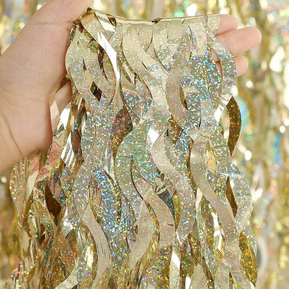Champagne Gold Foil Fringe Backdrop - CYLMFC 3 Pack 3.3 ft x 6.6 ft Sparkle Tinsel Foil Fringe Backdrop Curtains for Birthday Anniversary Retirement Party Decorations