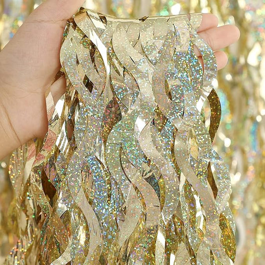 Champagne Gold Foil Fringe Backdrop - CYLMFC 3 Pack 3.3 ft x 6.6 ft Sparkle Tinsel Foil Fringe Backdrop Curtains for Birthday Anniversary Retirement Party Decorations