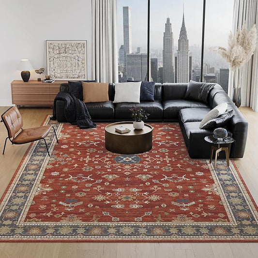 Large Rugs for Living Room, 8x10 Red Washable Rug for Bedroom, Soft Boho Indoor Carpets, Big Modern Kids Room Rug, Non-Slip Low Pile Mat for Office Home Dining Room Christmas Decor, Red/Gold
