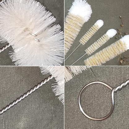 NewFerU Stainless Steel Soda Bottle Cleaning Brush Set in Natural Boar Bristle Wool Tip Long Handle, Flexible Bendable Thick Wire Cleaner for Narrow Neck Water Baby Bottles Straw Pipe Tube Flask (5)