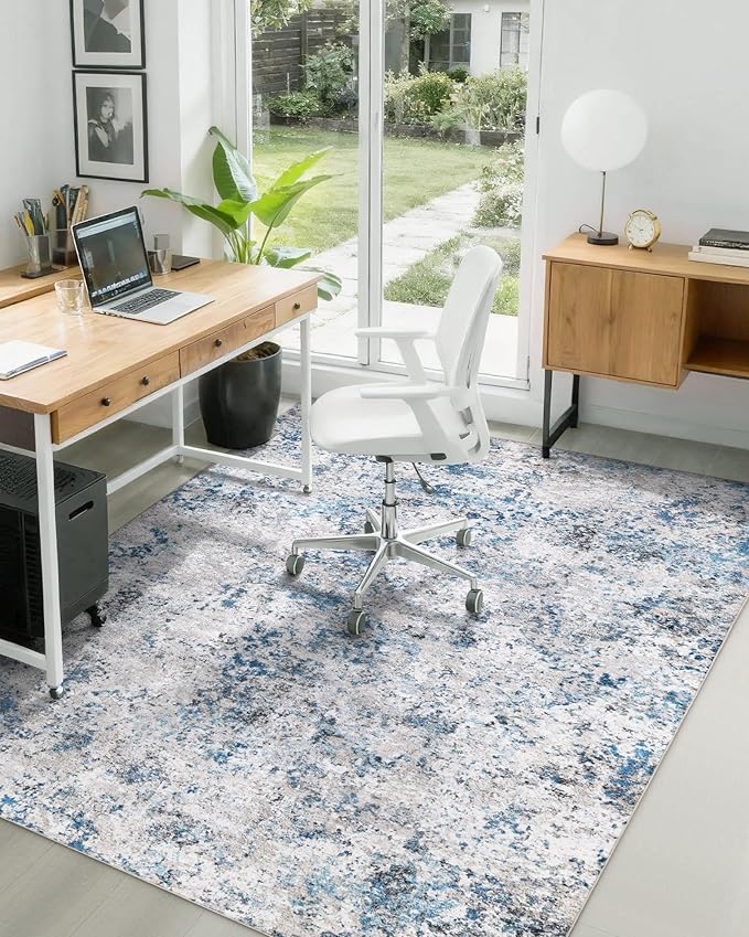 AUKOW Modern Abstract Washable Area Rugs - 3x5 Contemporary Soft Mat Stain Resistant Non Slip Low Pile Indoor Throw Rug for Bedroom Kitchen Office Chair Desk - Grey/Blue