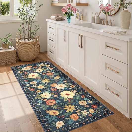 DUKINO 2x5 Runner Rug for Hallway, Washable Kitchen Floral Runner Rug with Non Slip Backing, Low Pile Soft Boho Carpet for Kitchen, Hallway, Entryway, Laundry, Bedroom, Navy Blue