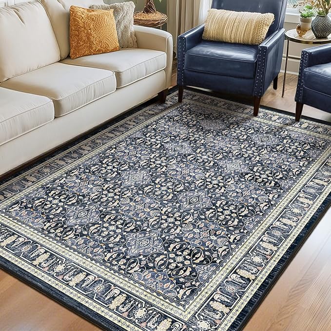 Jainmy Dark Blue 5x7 Area Rugs for Living Room Bedroom, Transitional Boho Moroccan Floral Trellis Printed, Washable Non Slip Low Pile Ultra Thin Soft Carpet Rugs for Dining Room/Kitchen/Home Office