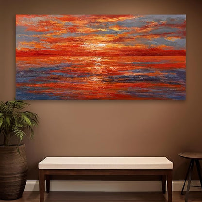 Red Sunset Ocean Abstract Wall Art Canvas Print Wall Decor Landscape Painting Framed Beach Artwork for Living Room Bedroom Office Farmhouse Bar Home Decor 24"x48"