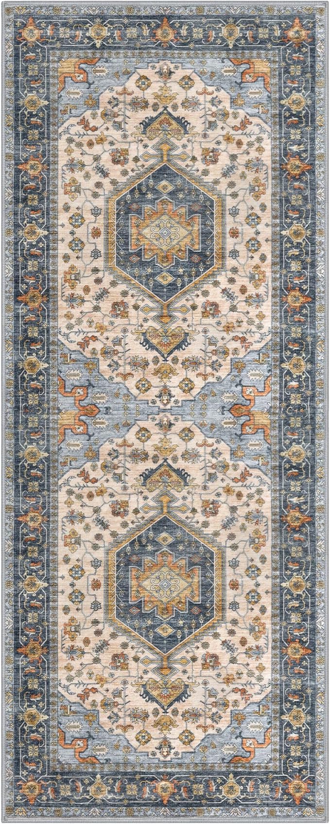 KUTA Runners for Hallways 2x6 Ivory Blue, Vintage Floral Kitchen Rugs Non-Slip Washable Runner Ultra Soft Printed Retro Flower Carpet Entryway Rug for Bedroom Laundry Nursery Entryways