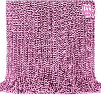 YAXINRUI 144 PCS Pink Bead Necklace, Pink Mardi Gras Beads, Cancer Awareness Beaded Necklaces, Valentine Necklace, 33 Inch Round Party Beads for Mardi Gras Christmas Cancer Awareness Month Events