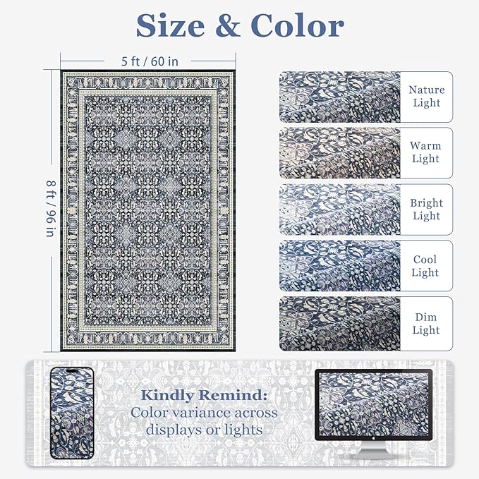 Washable 5x8 Area Rugs, Floral Moroccan Trellis Classic Boho Carpet for Living Room Bedroom, Low Pile Thin Rug with Rubber Backing Non Slip Machine Washable for Dining Room Office, Dark Blue