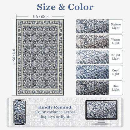 Washable 5x8 Area Rugs, Floral Moroccan Trellis Classic Boho Carpet for Living Room Bedroom, Low Pile Thin Rug with Rubber Backing Non Slip Machine Washable for Dining Room Office, Dark Blue