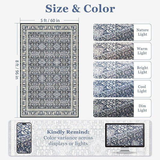 Washable 5x8 Area Rugs, Floral Moroccan Trellis Classic Boho Carpet for Living Room Bedroom, Low Pile Thin Rug with Rubber Backing Non Slip Machine Washable for Dining Room Office, Dark Blue