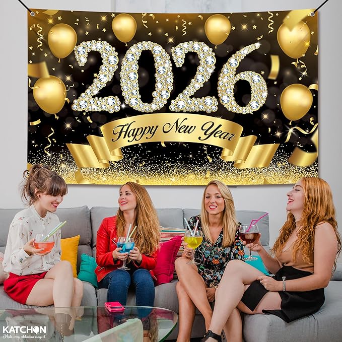 Katchon, Xtralarge Happy New Year Banner - 72x44 Inch | Happy New Year 2026 Banner for New Years Decorations 2026 | New Years Backdrop for New Years Eve Party Supplies 2026 | NYE Decorations 2026