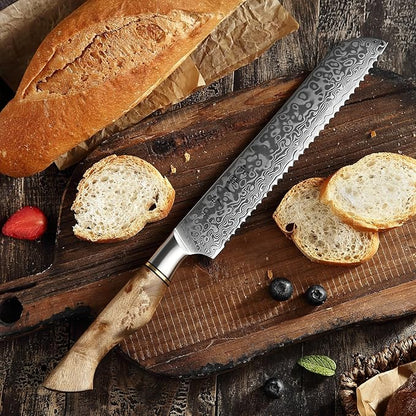 HEZHEN 8.3 Inch Serrated Bread Knife, Damascus Steel Cake Knife,High Carbon Steel Kitchen Knife, Wood Handle and Gift Box