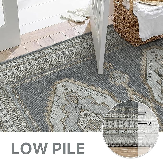 GENIMO Machine Washable 8x10 Area Rugs for Living Room, Non Slip Vintage Rugs, Low Pile Lightweight Chenille Print Rug for Bedroom, Dining Room, Home Office, Gray/Beige
