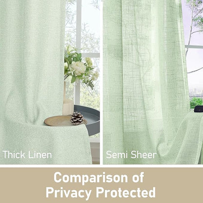 LAMIT Thermal Linen Curtains for Living Room, 72 Inch Linen Textured Light Reducing Curtains Gromment Privacy Boho Panels for Bedroom/Farmhouse, Set of 2 Panels, W52 x L72, Light Green