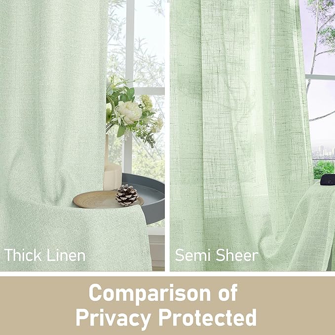 LAMIT Linen Window Curtains for Living Room, 63 inches Long Grommet Thermal Insulated Thick Curtains Privacy Boho Panels for Outdoor/Farmhouse, Set of 2 Panels, W52 x L63, Light Green