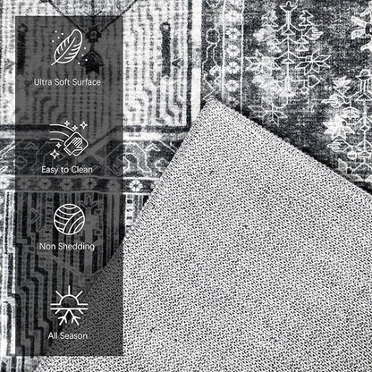 Vintage 4' x 6' Washable Area Rug - Stylish Indoor Rug for Living, Dining or Bedroom - Lightweight Carpet with Non-Slip Backing - Foldable for Easy Placement and Maintenance - Grey