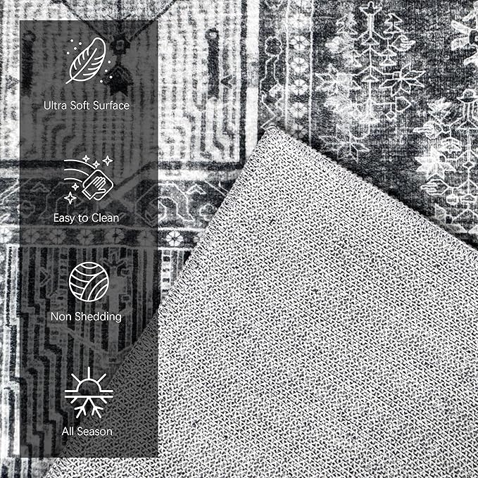 Vintage 8' x 10' Washable Area Rug - Stylish Indoor Rug for Living, Dining or Bedroom - Lightweight Carpet with Non-Slip Backing - Foldable for Easy Placement and Maintenance - Grey