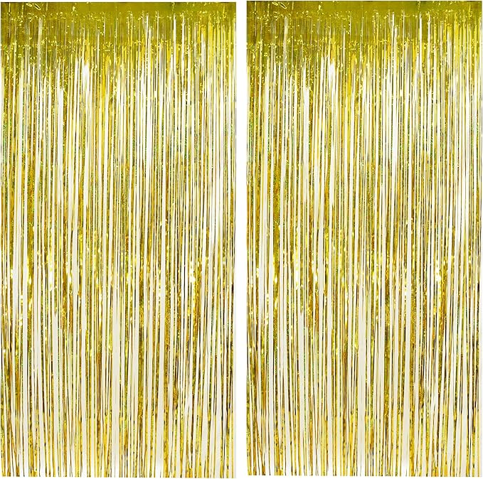 Gold Fringe Backdrop Curtain, Metallic Tinsel Foil Fringe Curtains for Birthdays Engagement Graduated Christmas New Years Party Decorations - 2 Pack 3.2×8.2ft