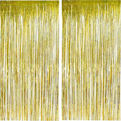 Gold Fringe Backdrop Curtain, Metallic Tinsel Foil Fringe Curtains for Birthdays Engagement Graduated Christmas New Years Party Decorations - 2 Pack 3.2×8.2ft