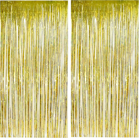 Gold Fringe Backdrop Curtain, Metallic Tinsel Foil Fringe Curtains for Birthdays Engagement Graduated Christmas New Years Party Decorations - 2 Pack 3.2×8.2ft