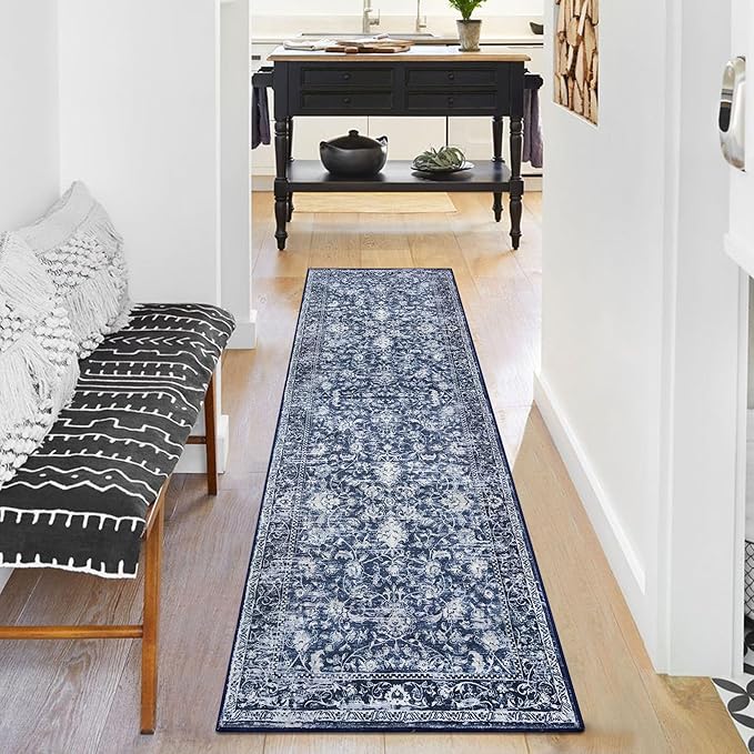 KILOCOCO Hallway Runner 2x6 Rug Runner Printed Vintage Floral Washable Kitchen Runners Non-Slip Rubber Backed Runners for Hallways Laundry Room Distressed Boho Rugs for Entryway Bedroom, Blue