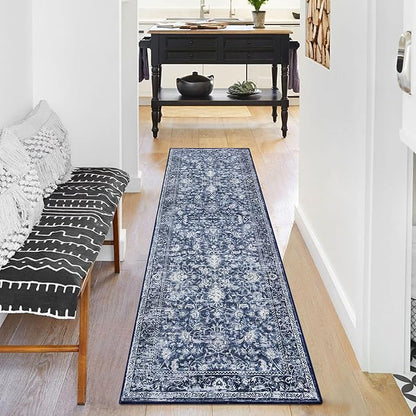 KILOCOCO Hallway Runner 2x6 Rug Runner Printed Vintage Floral Washable Kitchen Runners Non-Slip Rubber Backed Runners for Hallways Laundry Room Distressed Boho Rugs for Entryway Bedroom, Blue