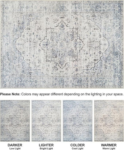 Bloom Rugs Washable Non-Slip 2x3 Rug - Ivory/Blue/Gray Traditional Oriental Area Rug for Living Room, Bedroom, Dining Room, and Kitchen - Exact Size: 2' x 3'