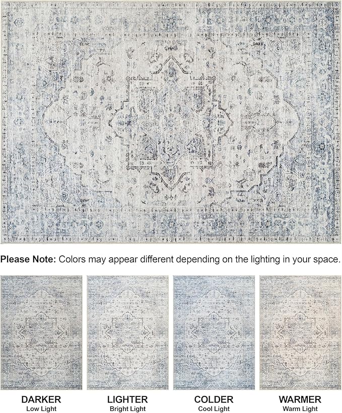 Bloom Rugs Caria Washable Non-Slip 5x7 Rug - Ivory/Blue/Gray Traditional Area Rug for Living Room, Bedroom, Dining Room, and Kitchen - Exact Size: 5' x 7'